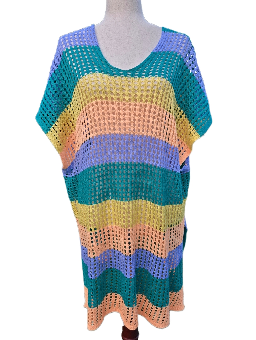 Shein Boho Striped Crochet Tunic Beach Cover Up Green Blue Orange Yellow 2XL